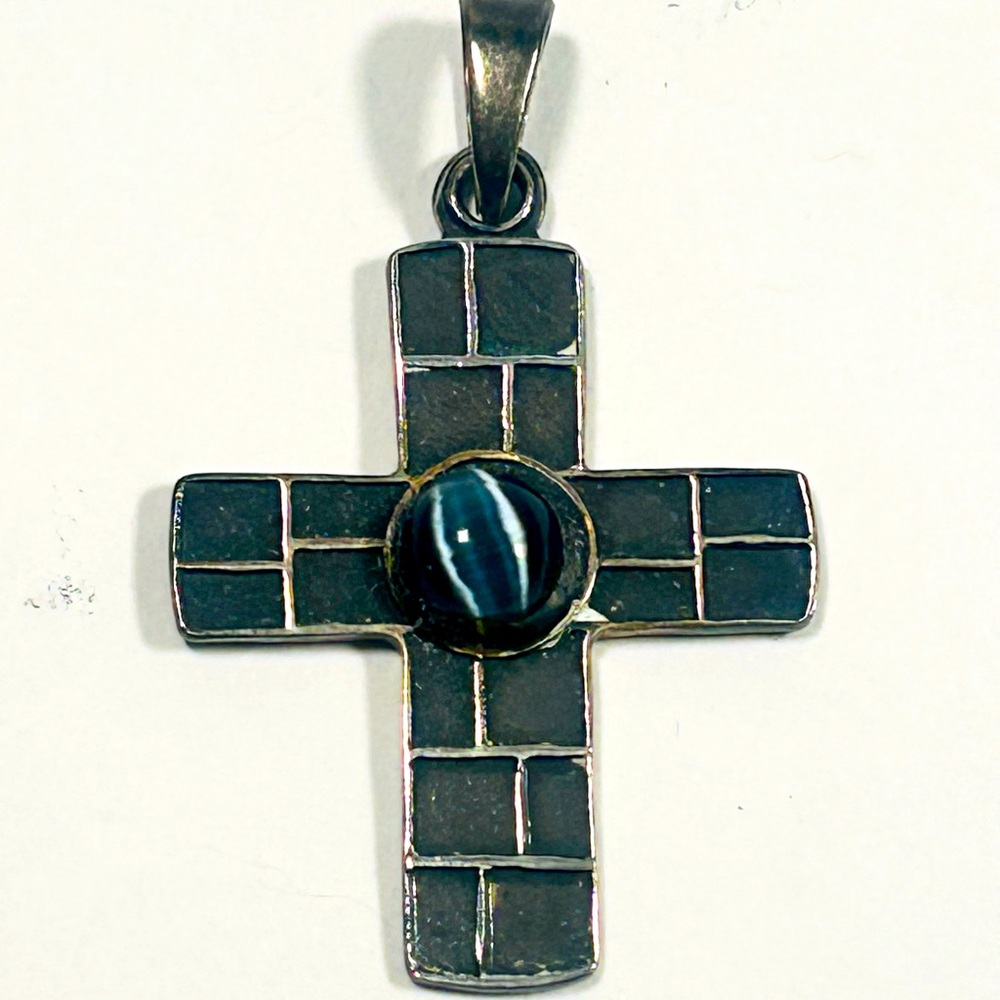 Vintage Mexico Sterling Silver Stamped 950 Tiger Eye  Cross Pendant